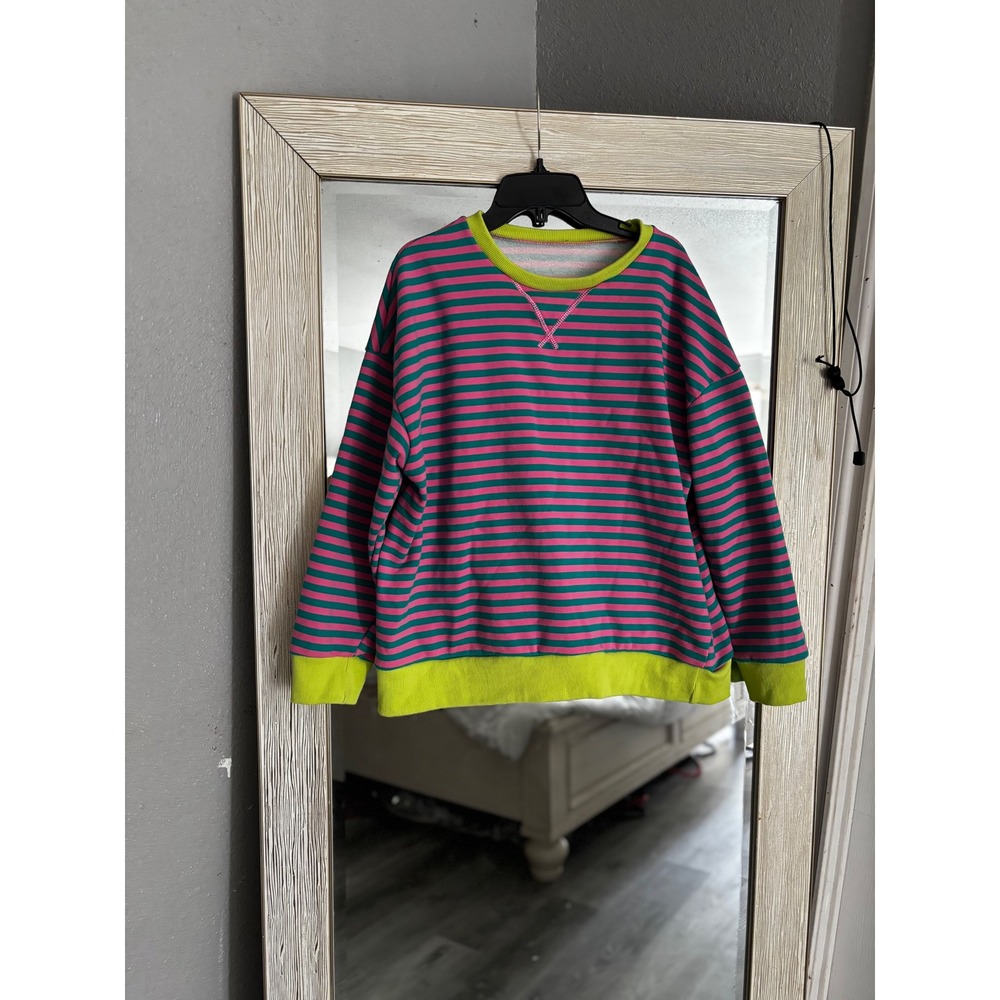 Women's Striped Crewneck Sweatshirt Pink‎ Green Lime Yellow Size L
